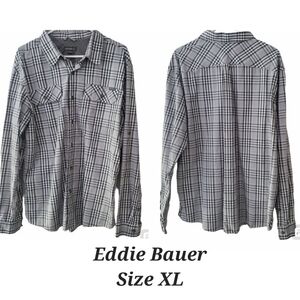 Eddie Bauer Mens Button‎ Up Shirt Size XL Gray Plaid L/S Pockets Casual Western